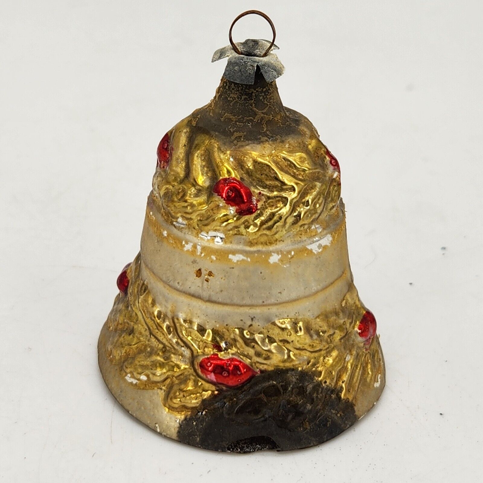 Antique Blown Glass Embossed Painted Gold Bell German Christmas Tree Ornament