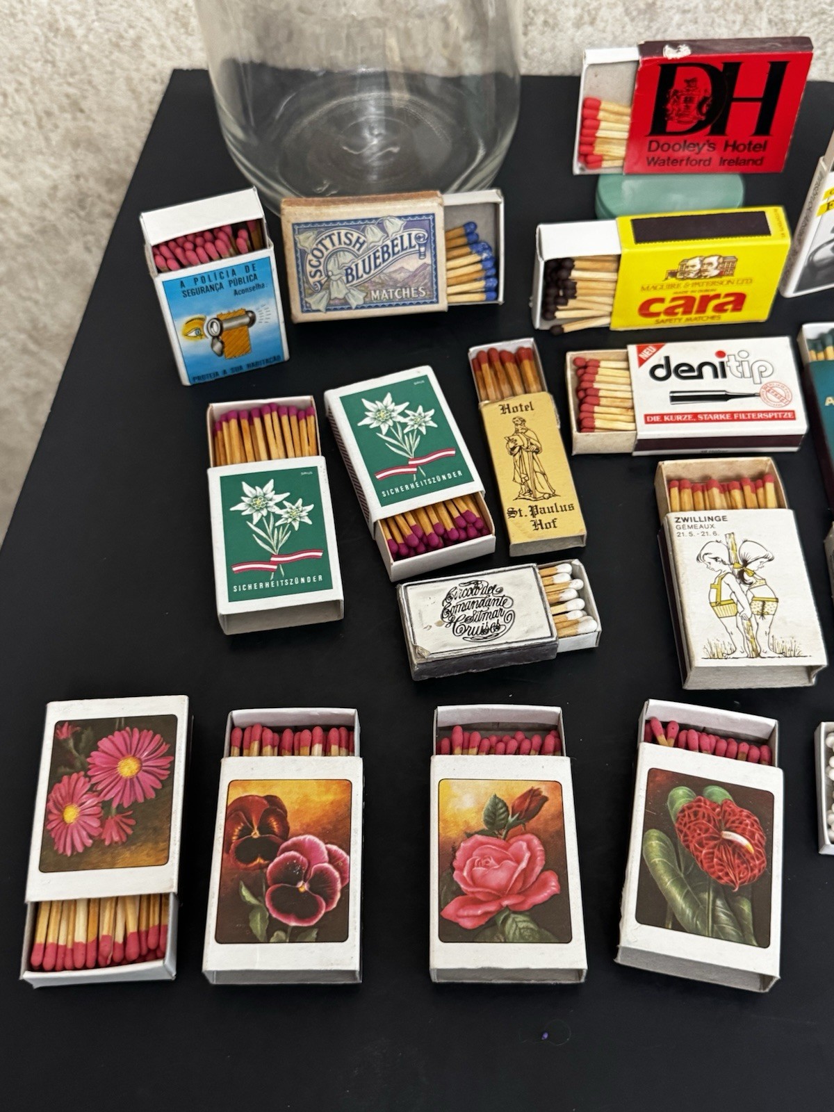 Vintage International Matchbox Lot 20 Match Boxes Glass Jar Hotel Travel Rare