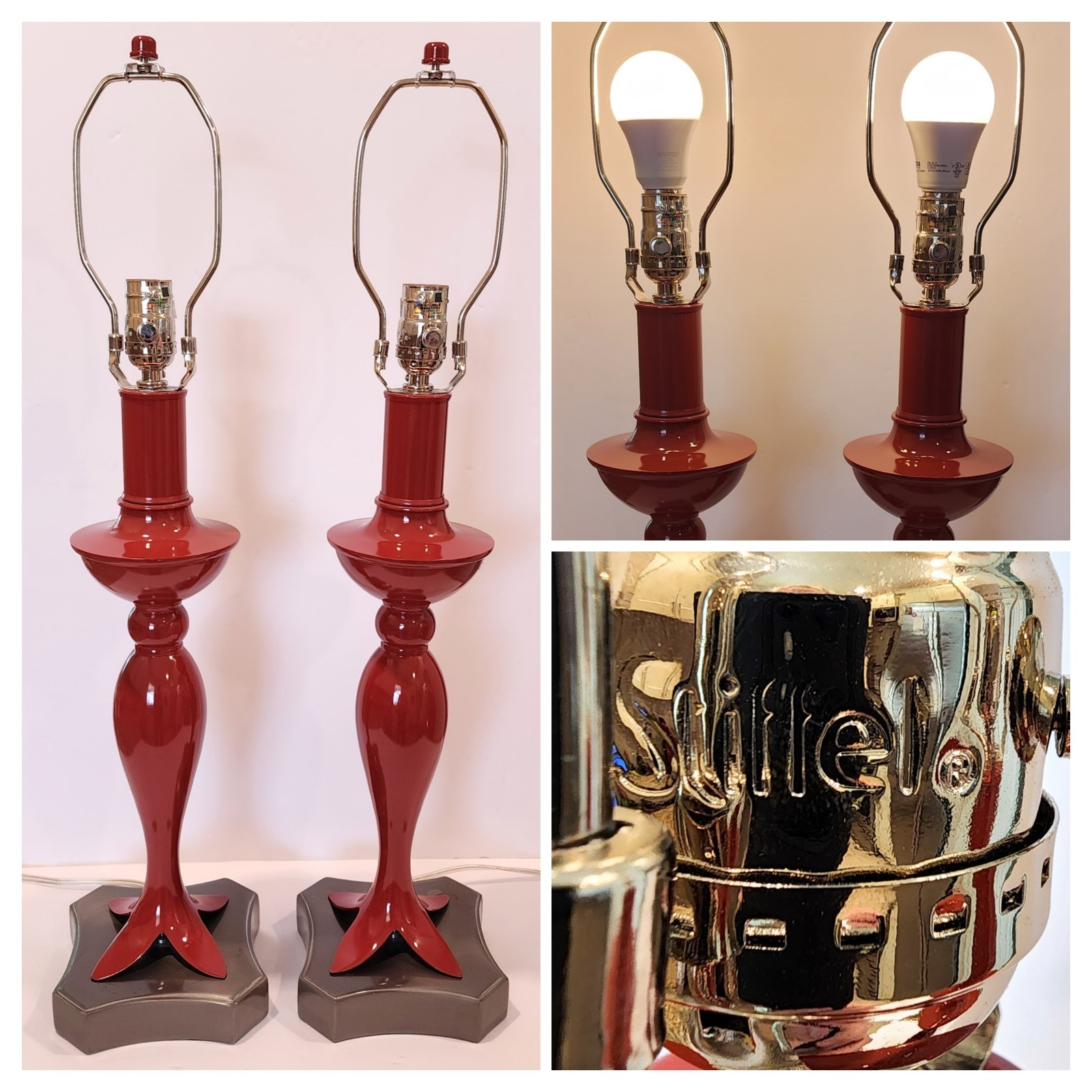 STIFFEL Pair (2) Table Lamps Gloss Rust Orange/Red & Satin Nickel *Imperfections