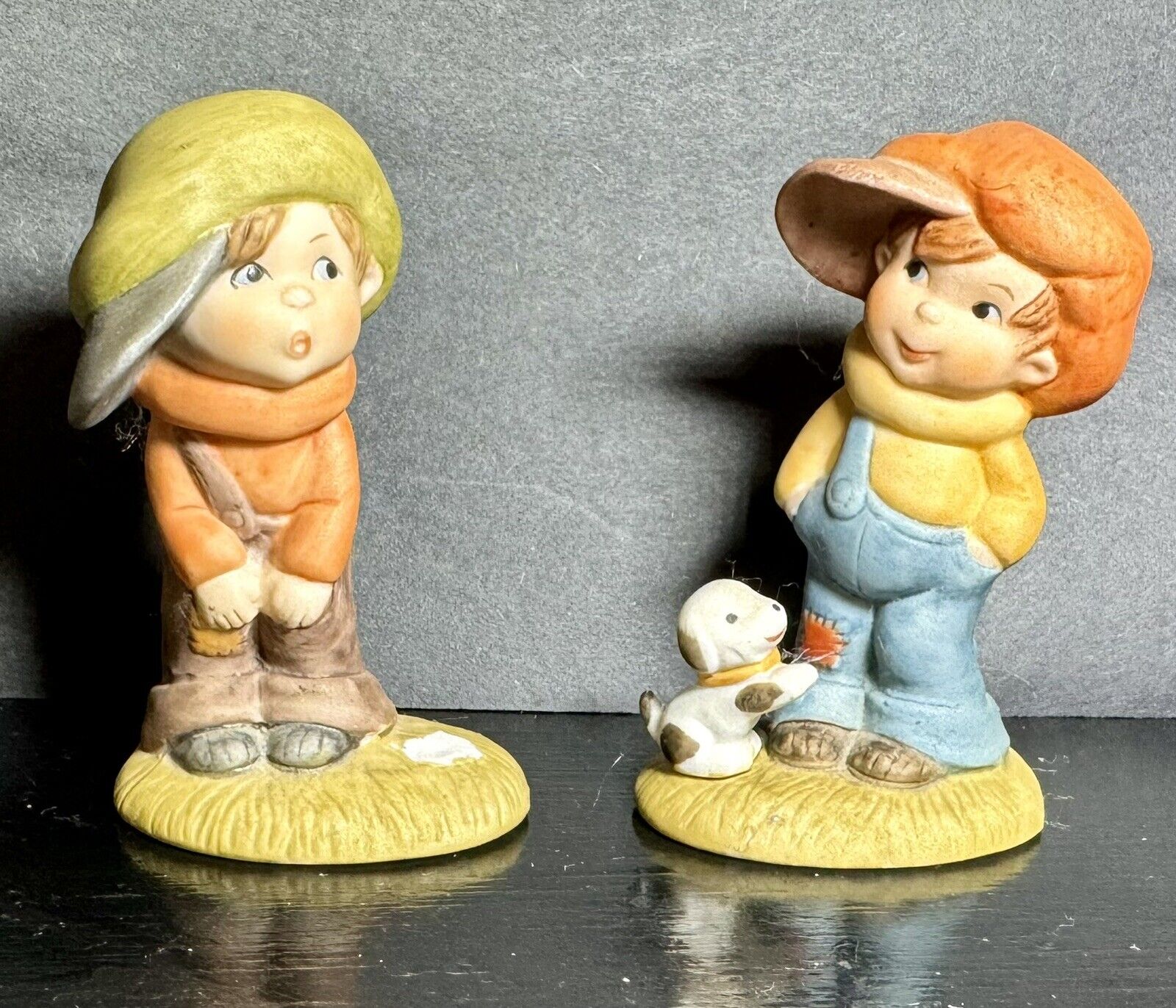 VTG Lefton Porcelain Boys Figurines One With Puppy One Missing Puppy Lot Of 2