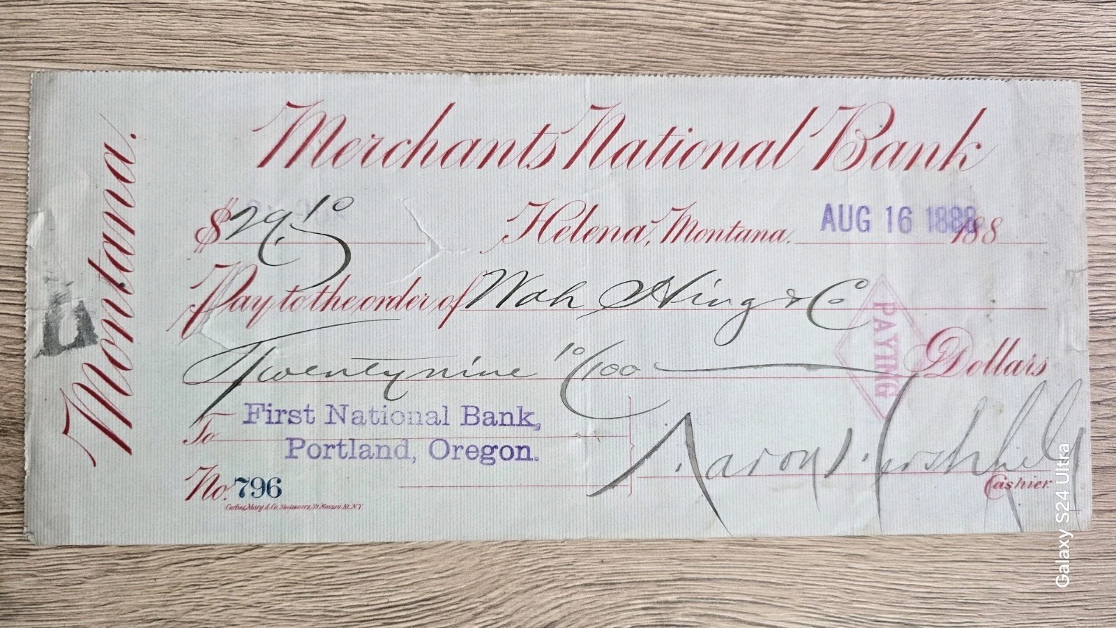 1888 Montana Territorial Bank Check Helena MT Merchants National Chinese Payee