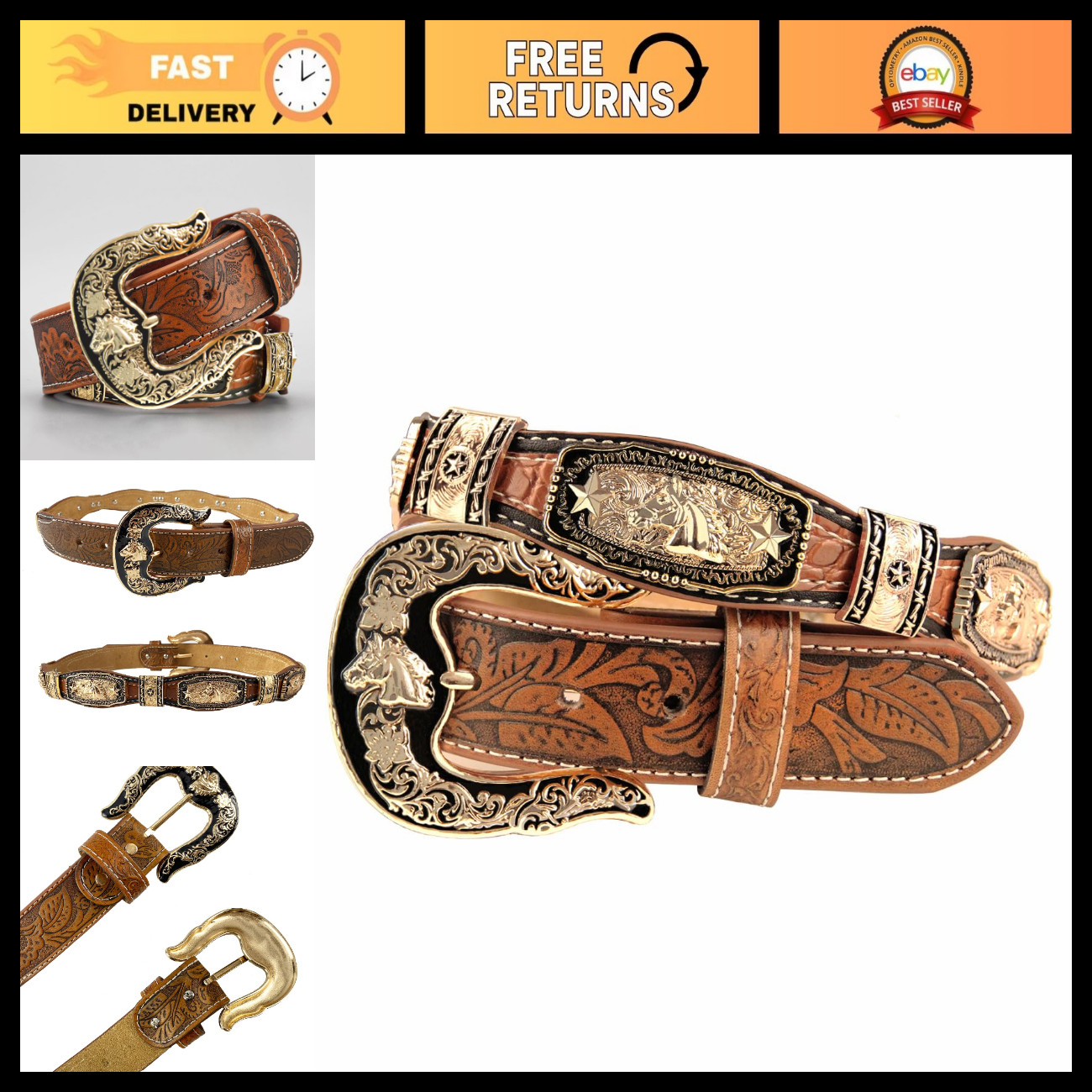 Western Cowboy Leather Belt with Rodeo Buckle for Men & Women - Concho Design, P Western Cowboy Leather Belt with Rodeo Buckle for Men & Women - Concho Design, P