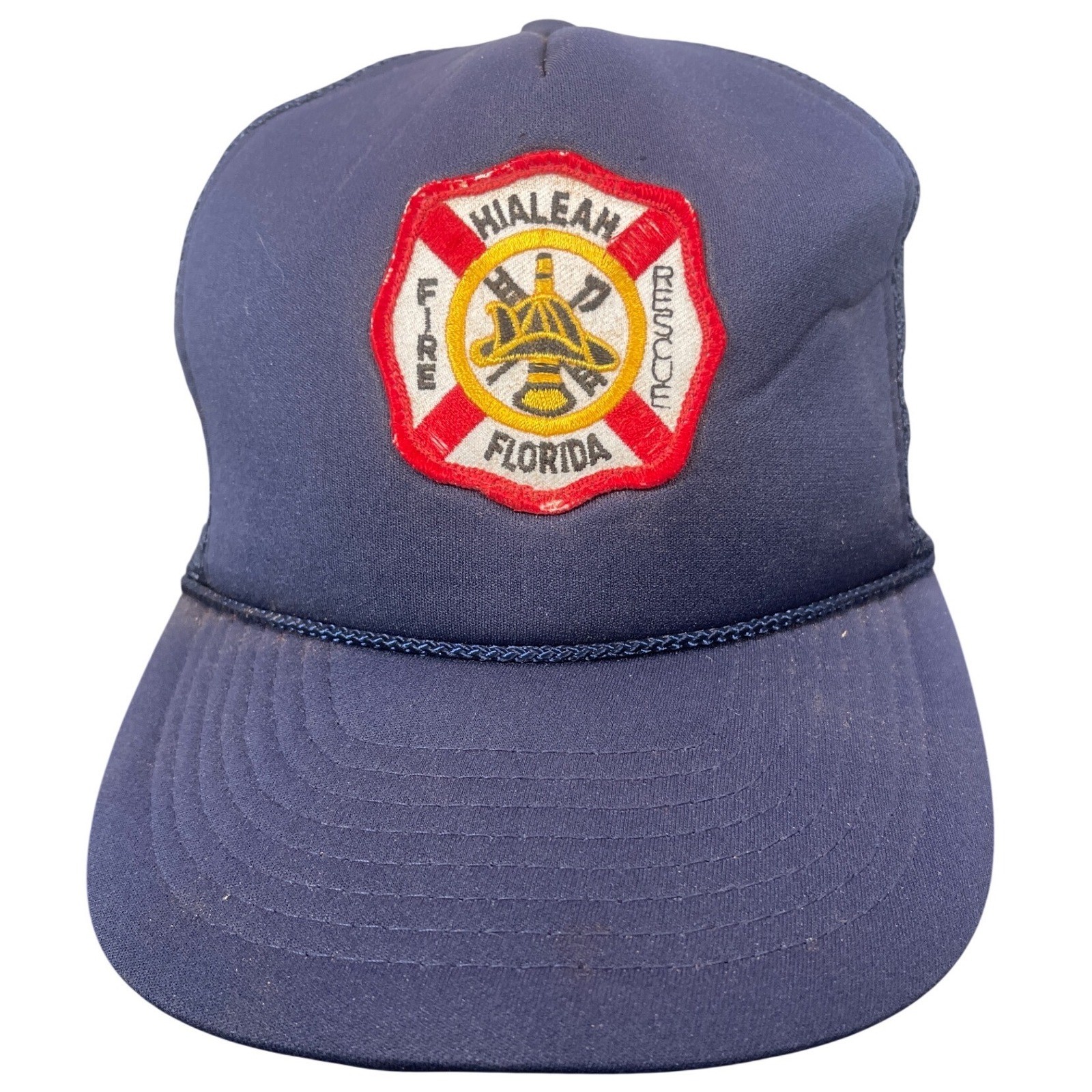 Vintage Hialeah Florida Fire Rescue Trucker Hat Navy Blue Snapback Cap Mesh