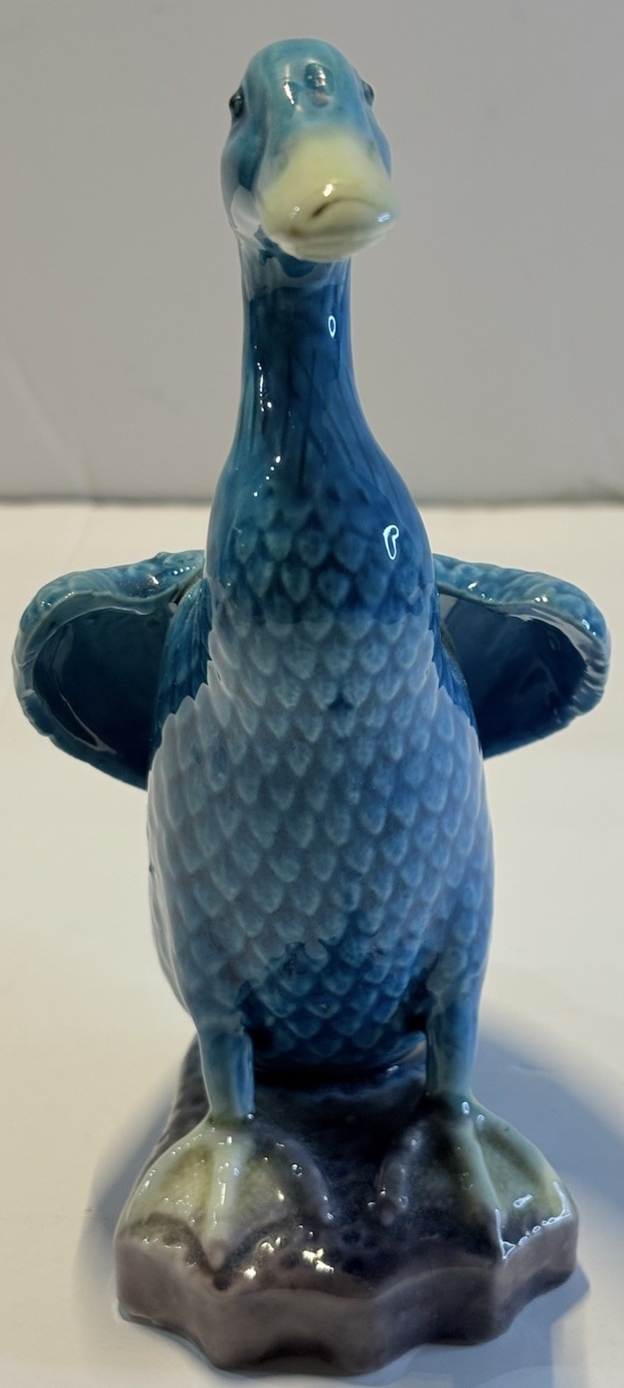 Vintage Porcelain Duck Figurine Blue Glaze Chinese Mark Hand Painted 6” 