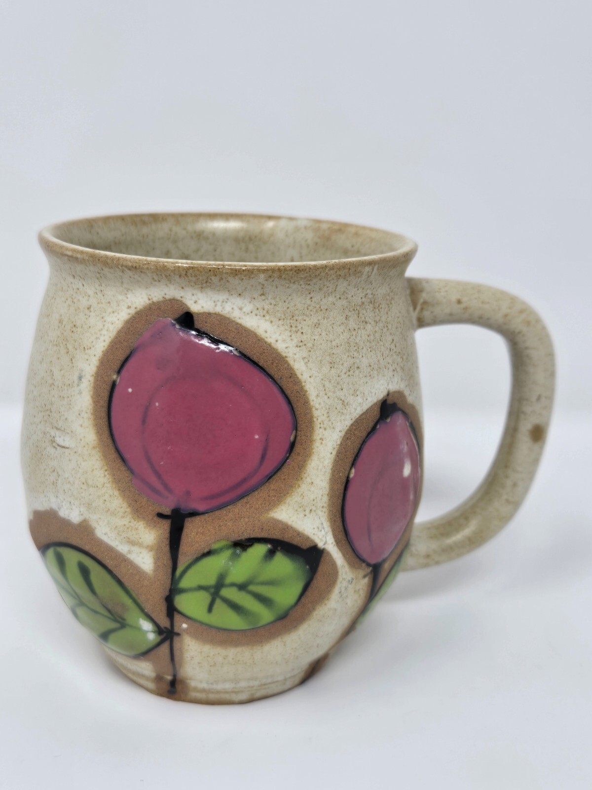 Ceramic Handpainted Cup Mug Pink Flowers and Leaves Glossy Glaze Organic Texture