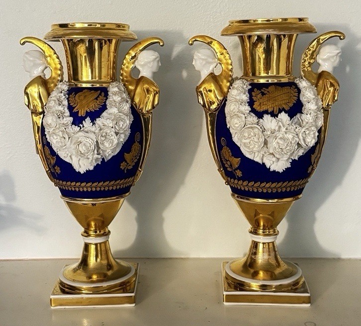 Antique French Empire Old Paris Porcelain Pair of Urns Vases Blue Gold Bisque