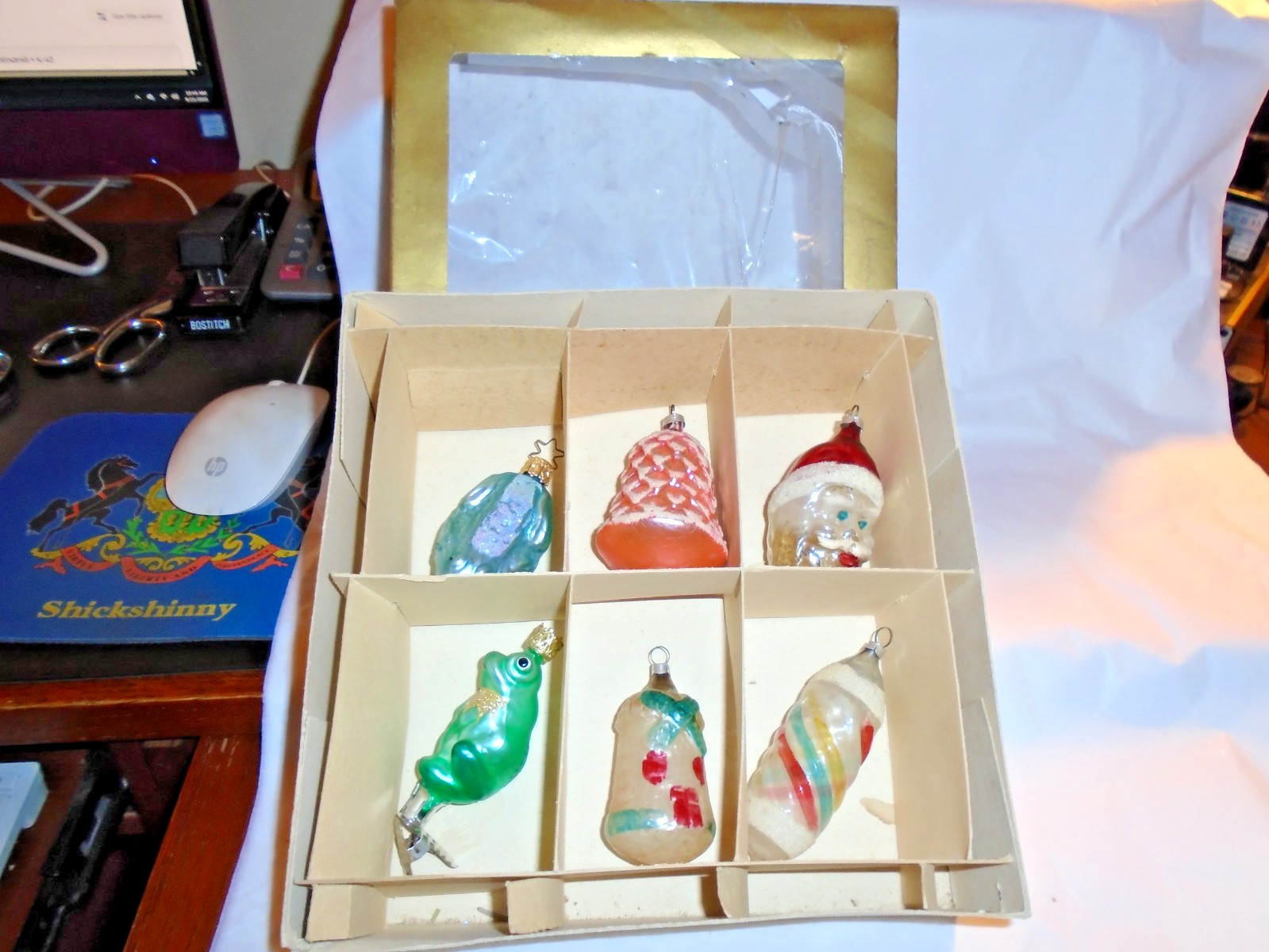 Vtg West Germany Blown Mercury Glass Ornaments Mica Frogs Santa Windmill + K-42