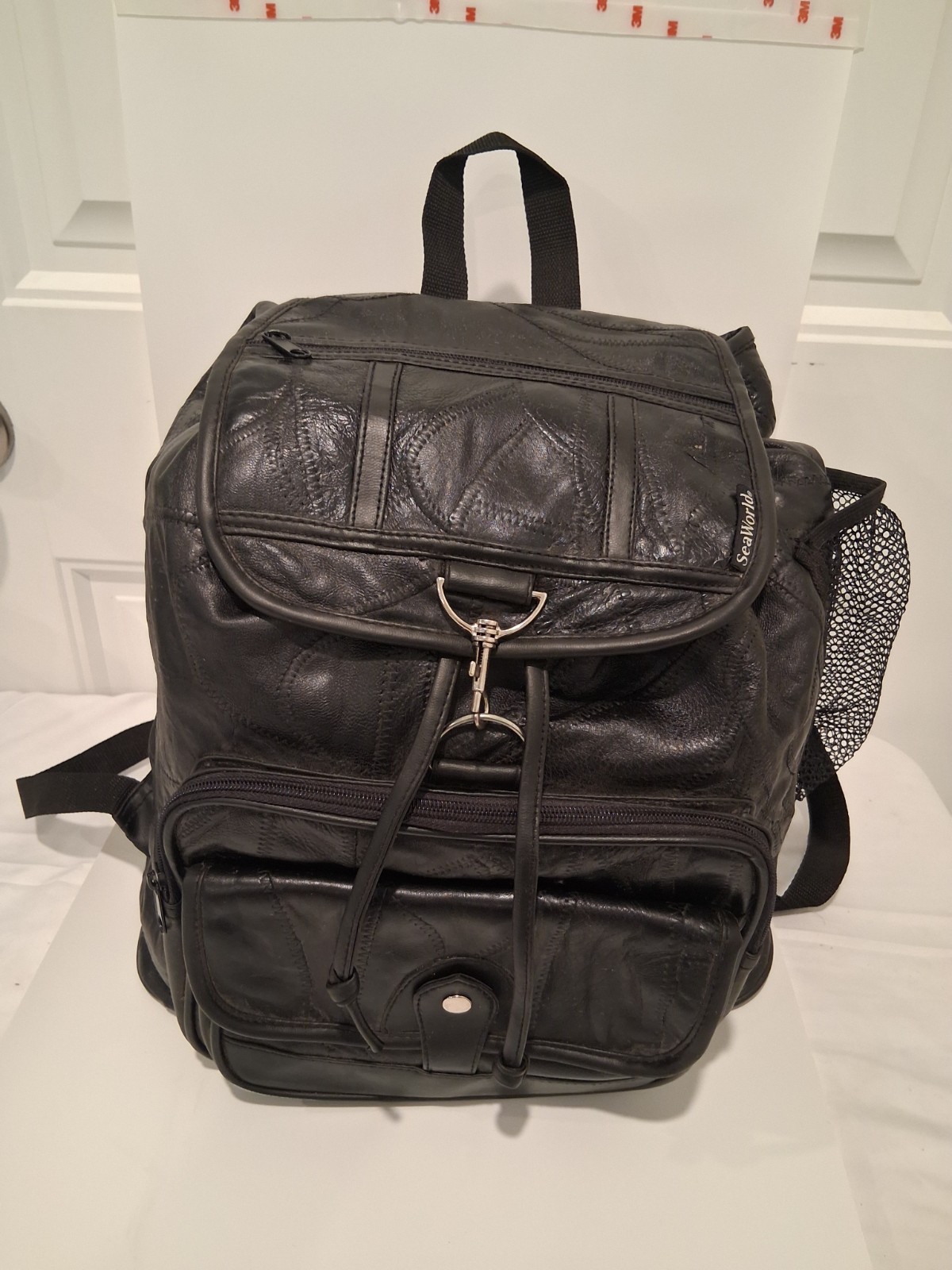 Vtg SeaWorld Black Leather Patchwork Backpack Drawstring Theme Park Souvenir