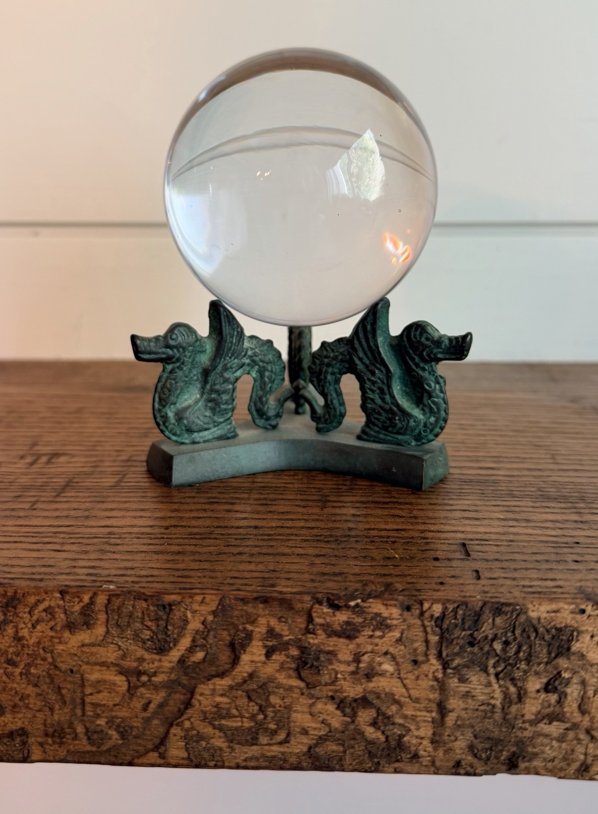 Vintage Crystal Ball or Paperweight-Brass Stand with Dragons or Sphynx C. 1968