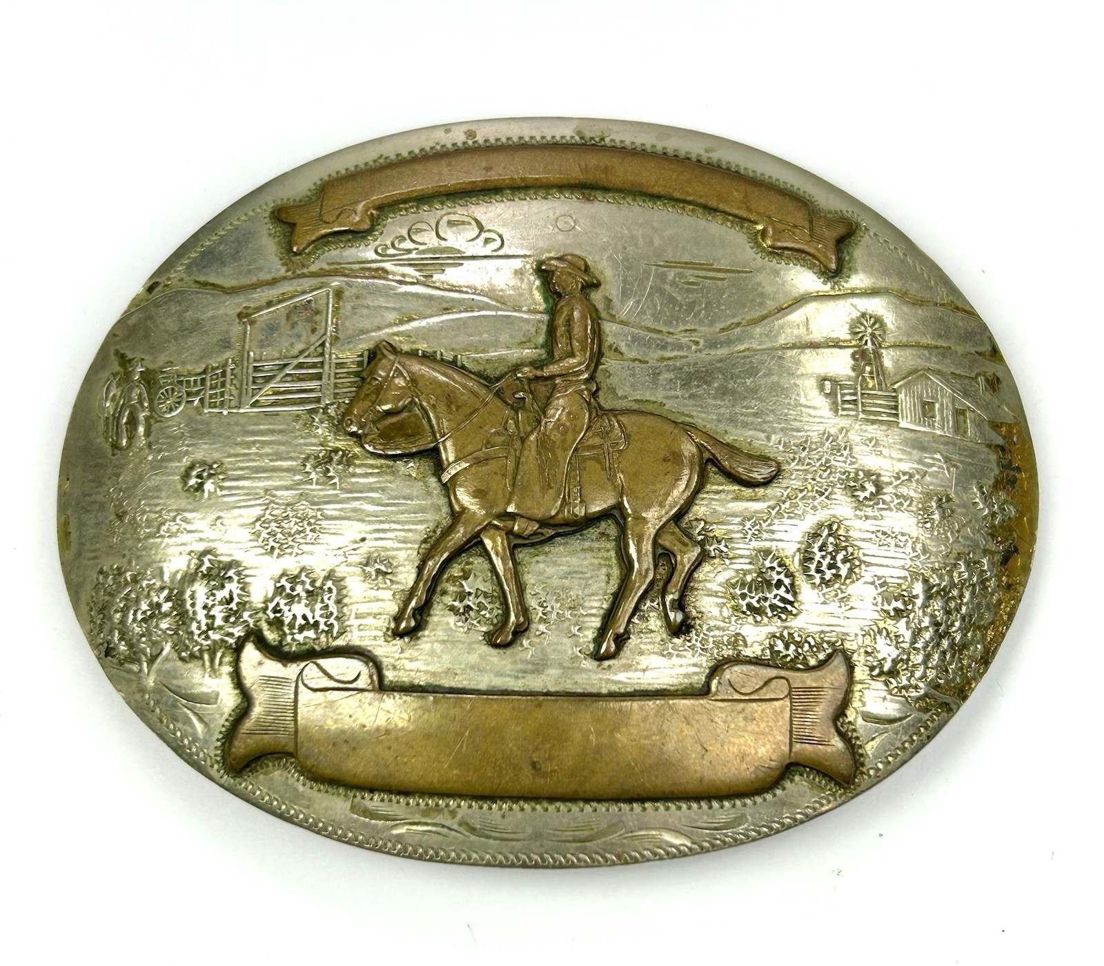 VTG IRVINE & JACHENS GERMAN SILVER RANCH WESTERN BELT BUCKLE GREAT RANCH SCENE VTG IRVINE & JACHENS GERMAN SILVER RANCH WESTERN BELT BUCKLE GREAT RANCH SCENE