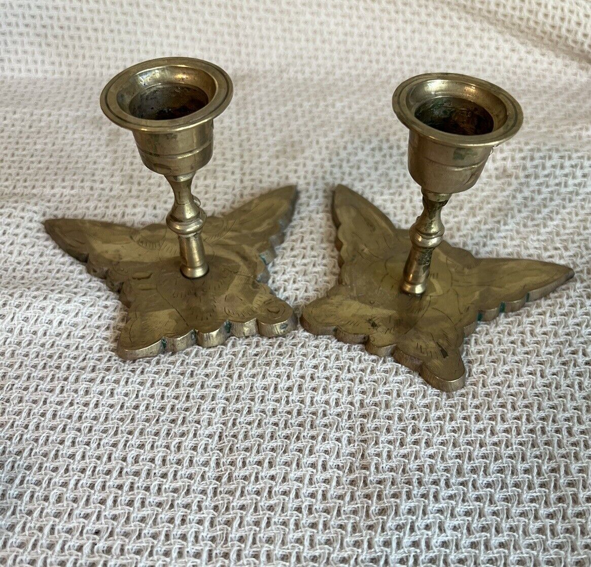 Vintage Solid Brass Butterfly Candlestick Holders Set Of 2 Great Patina 1960’s