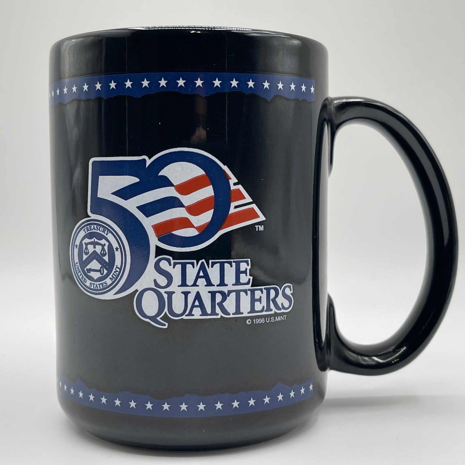 Vintage 1998 US Mint 50 State Quarters Black Ceramic Coffee Mug Silver Phoenix