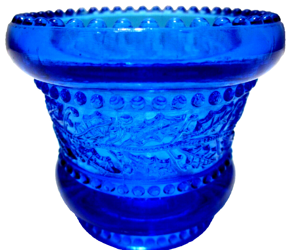 Vintage St Clair Glass Toothpick Holder Beaded Band Holly Leaves Blue 2 3/8\