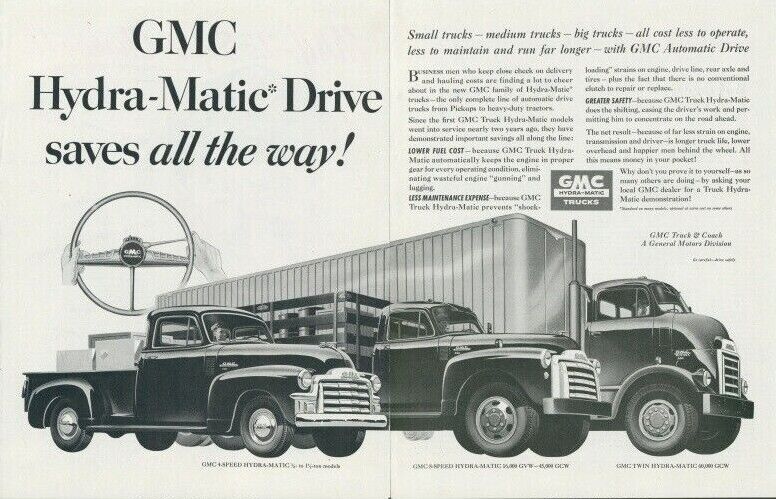 1952 GMC Trucks Hydra Matic Automatic Drive Safety Save Money Fuel Print Ad SP11