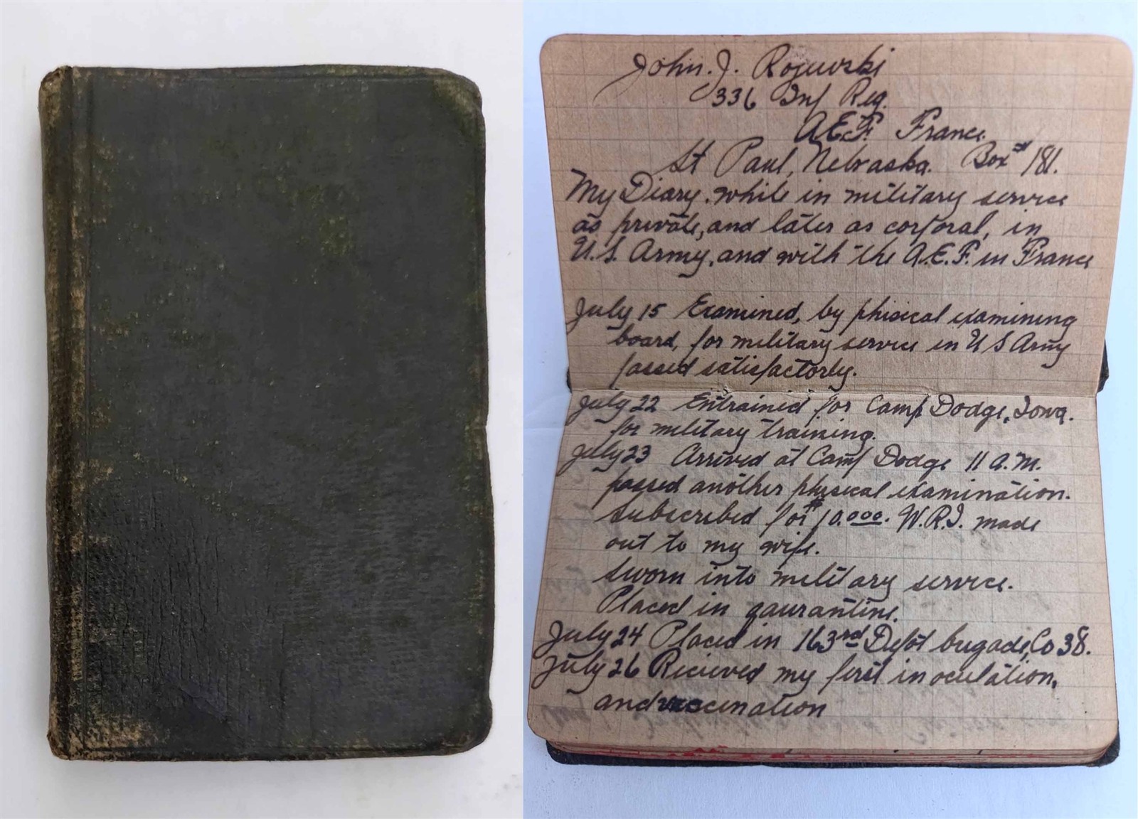 1918 antique WWI SOLDIER DIARY aef france ROJEWSKI 336 INF REG camp sherman gas