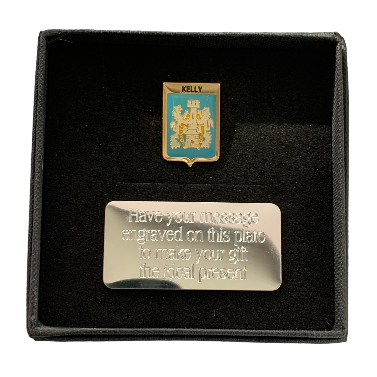 Personalised Gift Box & Family Clan Crested KELLY  Lapel pin badge
