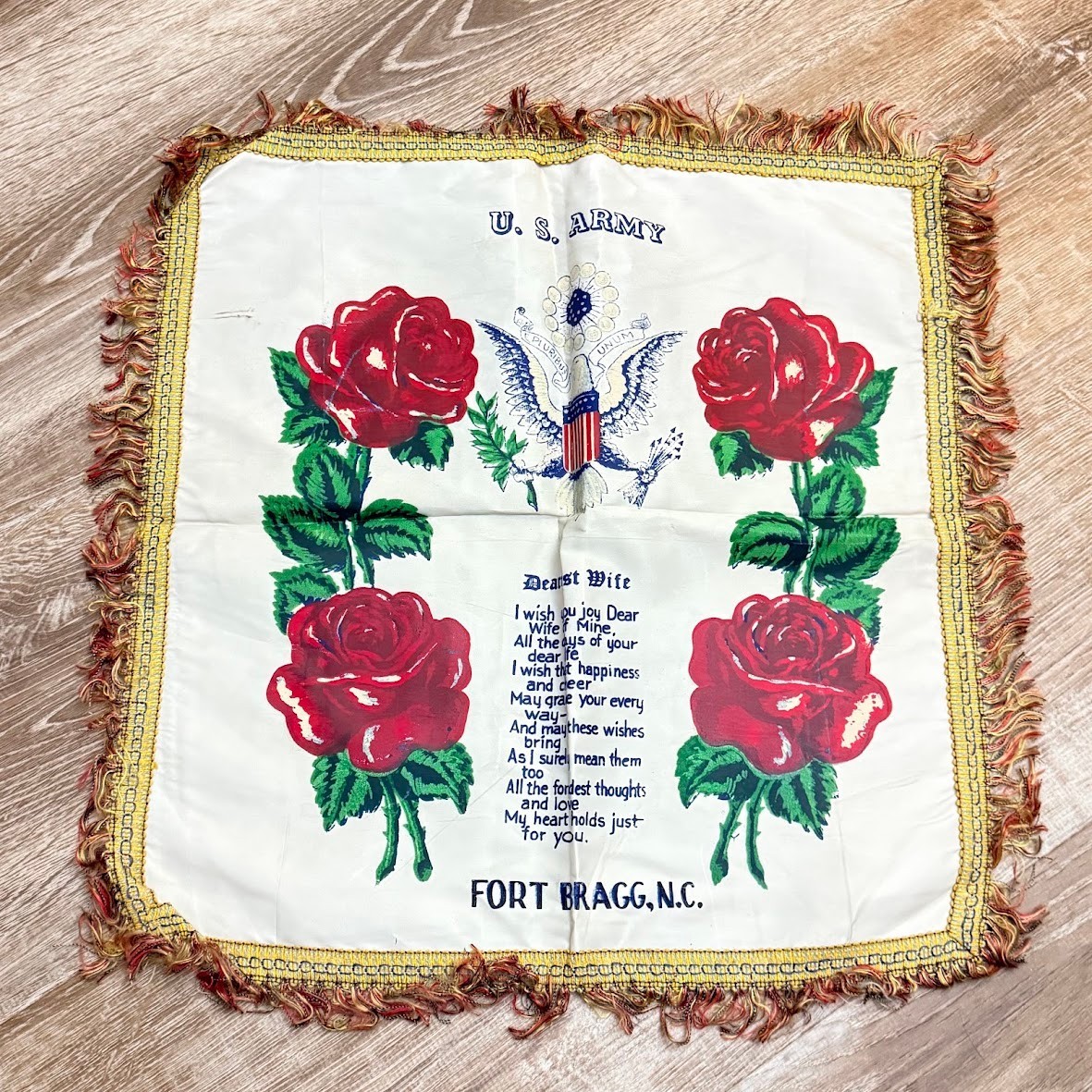 Fort Bragg NC Army Military Base Sweetheart Pillow Wife Poem Eagle Roses Vintage