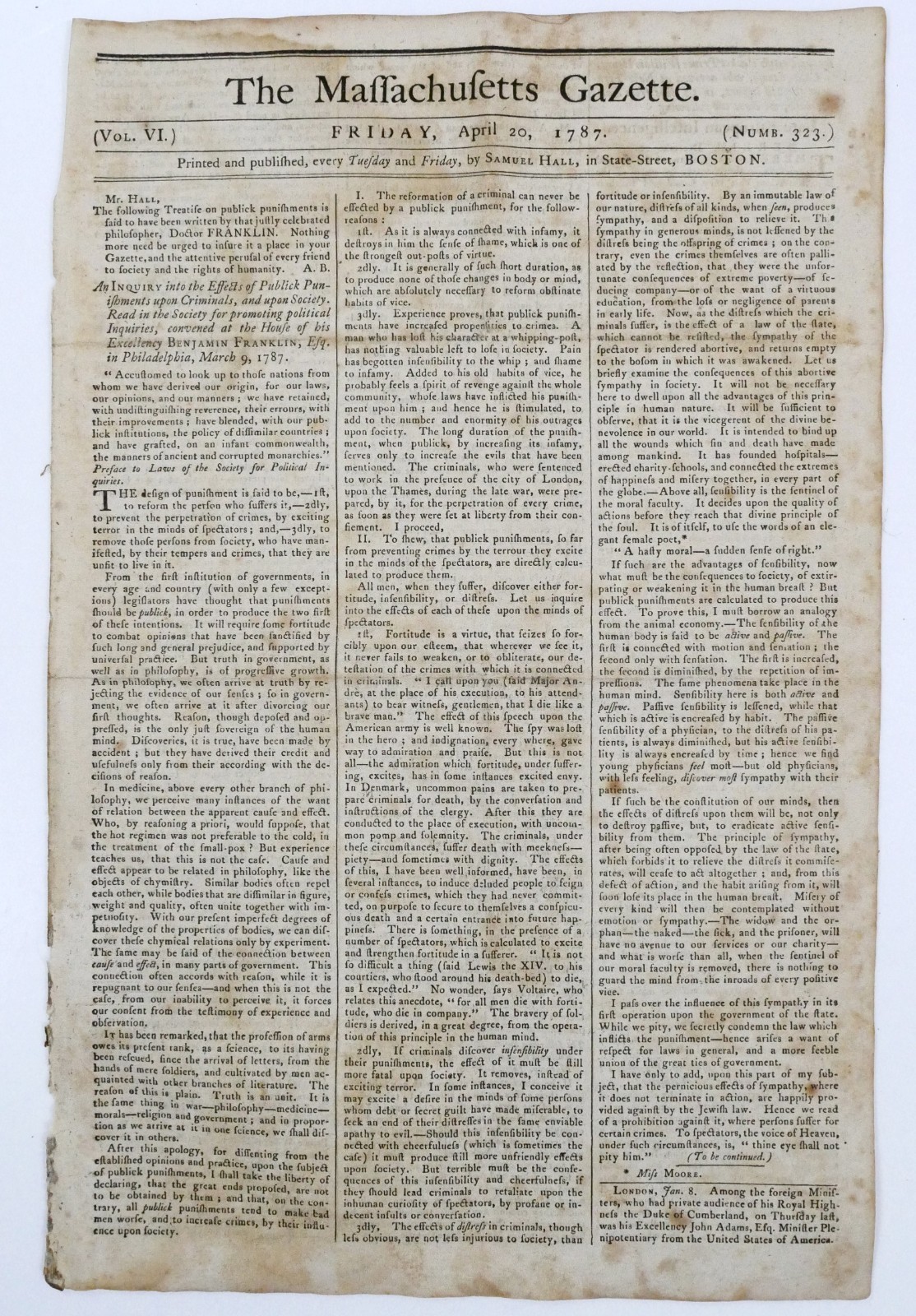 1787 Massachusetts Gazette April 20 John Adams Defence Franklin Rush Bishops