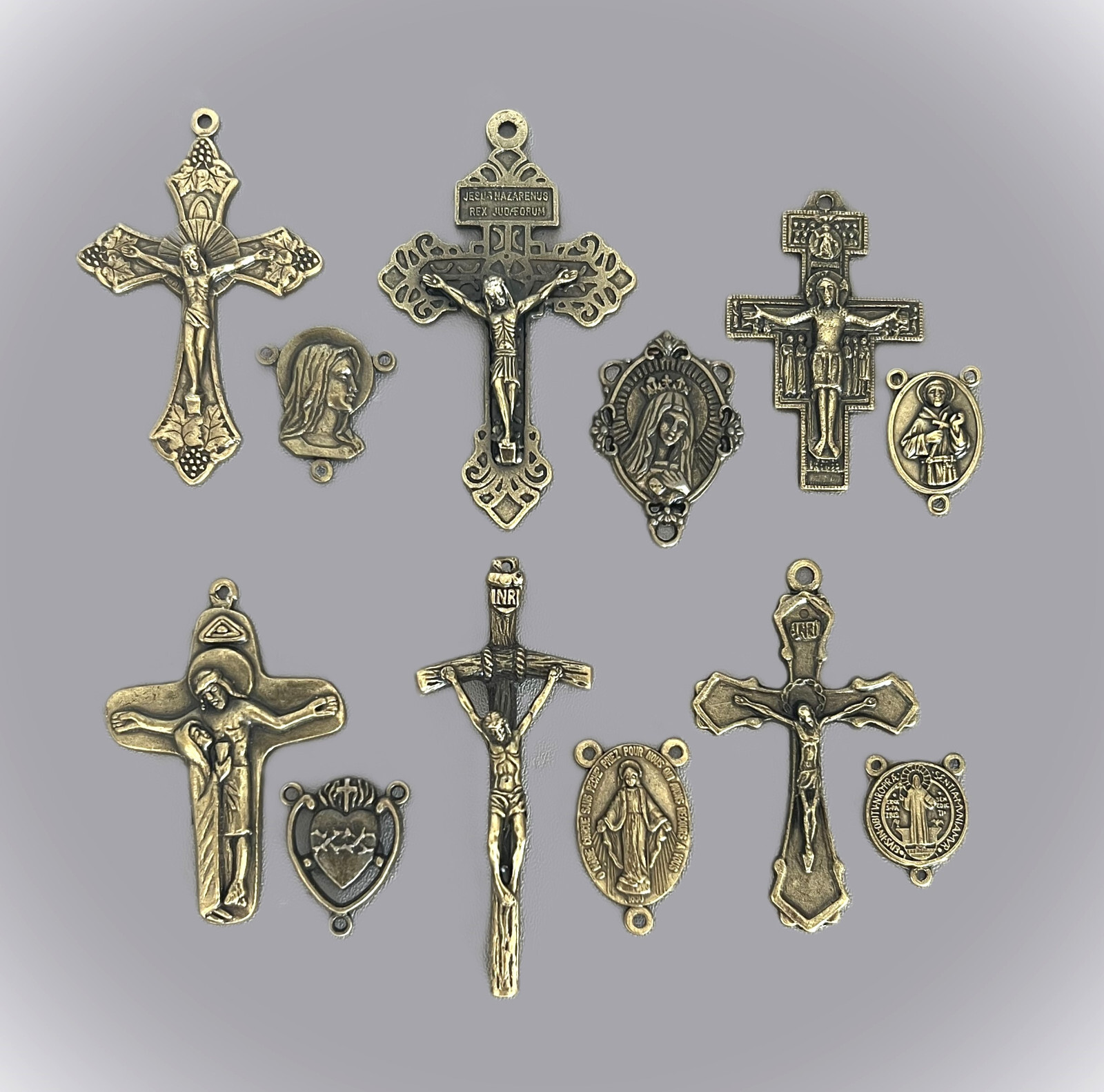 12 pc Set 6 Rosary Crucifix Cross & 6 Centerpiece ITALY parts finish BRONZE
