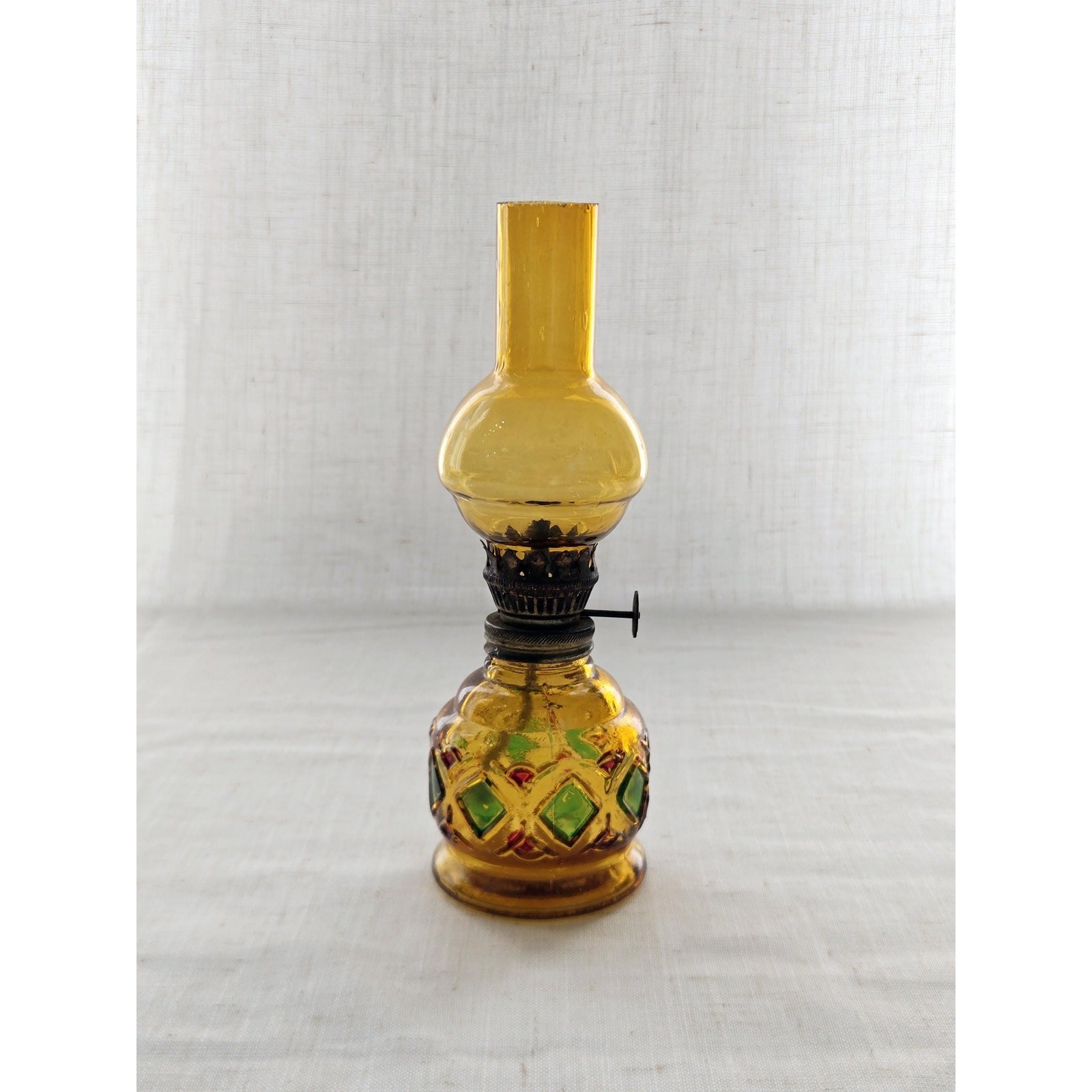 VTG 1970S Amber Glass Oil Lamp, Hurricane Lantern, Hong Kong Kerosene Light