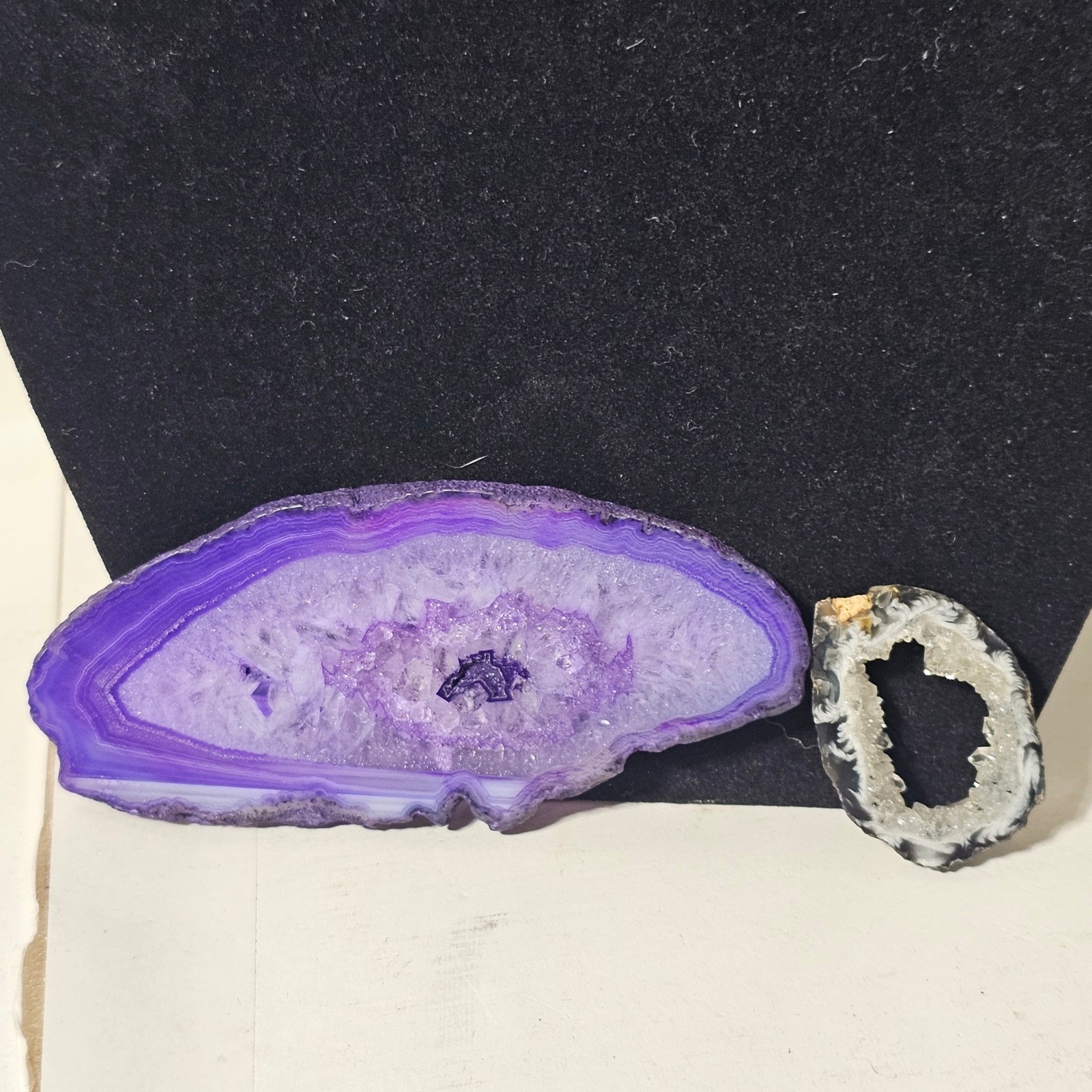 Natural Agate Geode Slice Pair Purple Dyed and Black White Oco Crystal Specimens