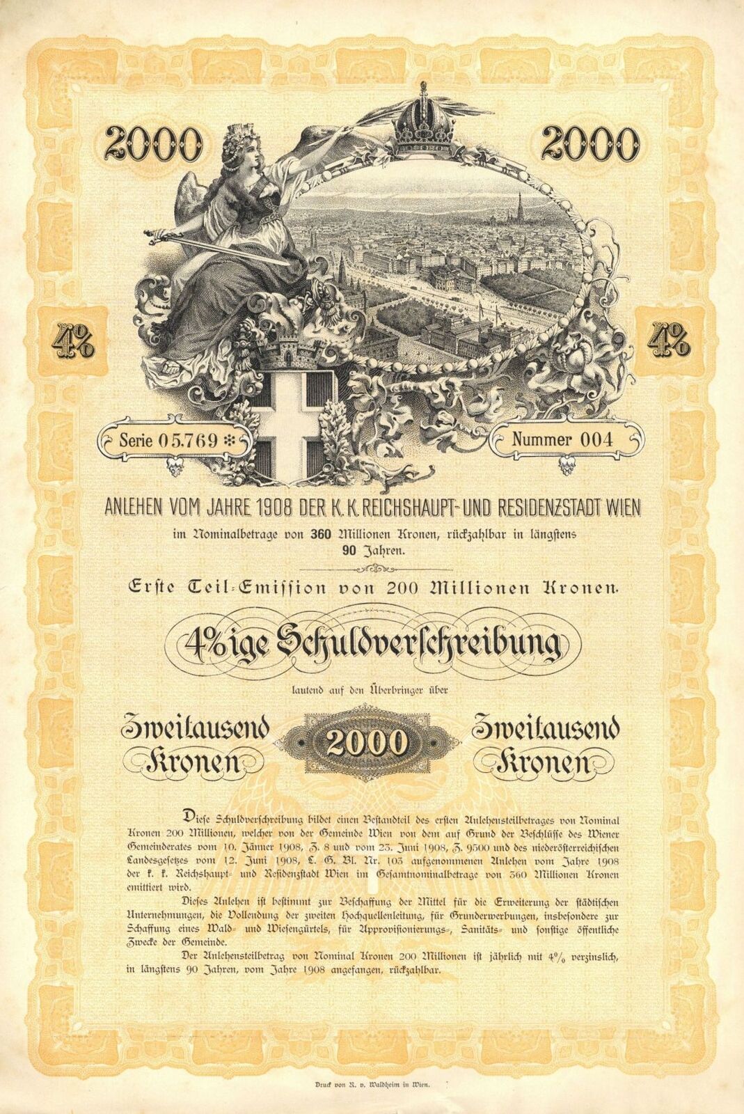 1908 dated Austrian Kronen Bond - 2000 Kronen Yellow Type - Foreign Bonds