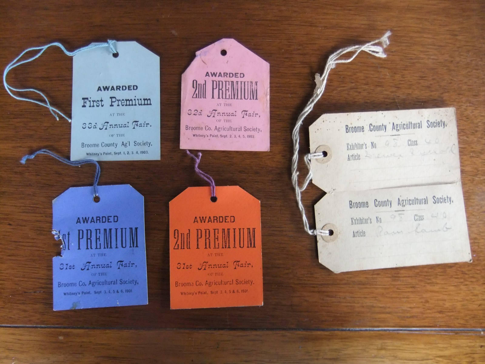 vintage Premium Ribbons & Tags 1901-03 Broome County Fair Whitney Point N.Y
