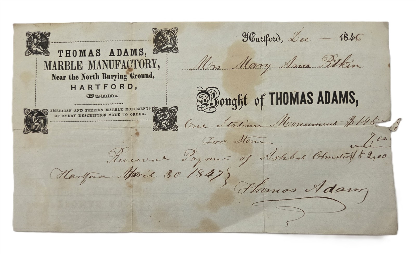 1846 antique THOMAS ADAMS hartford ct MARBLE MFGR GRAVE STONE RECEIPT MONUMENT