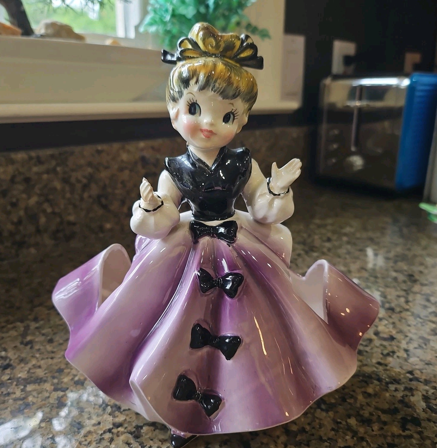 Vtg ULTA RARE HB Napkin Holder Girl Purple Ceramic Figurine  Shiny ~ 1 Hairline