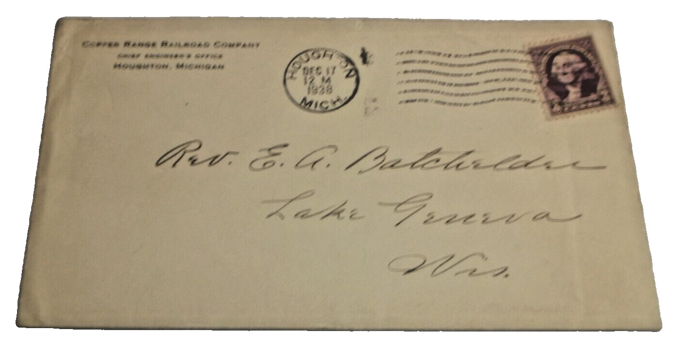 DECEMBER 1938 COPPER RANGE RAILROAD USED COMPANY ENVELOPE HOUGHTON MICHIGAN