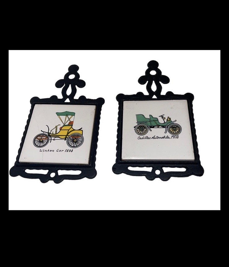 2 Vintage Taiwan Cast-Iron And Tile Trivet Trivets Antique Cars #2