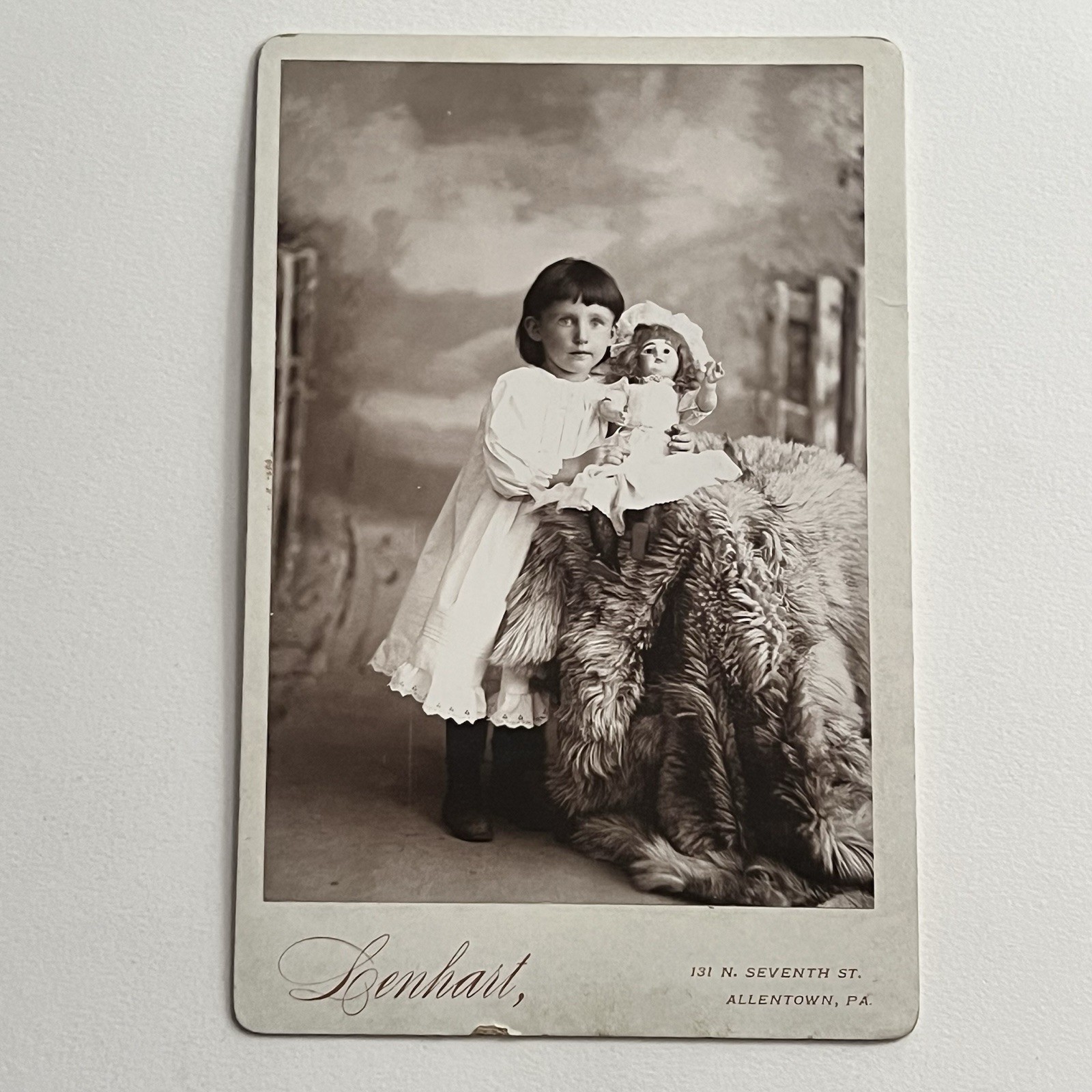 Antique Photograph Cabinet Card Adorable Girl Baby Doll With Bonnet Allentown PA