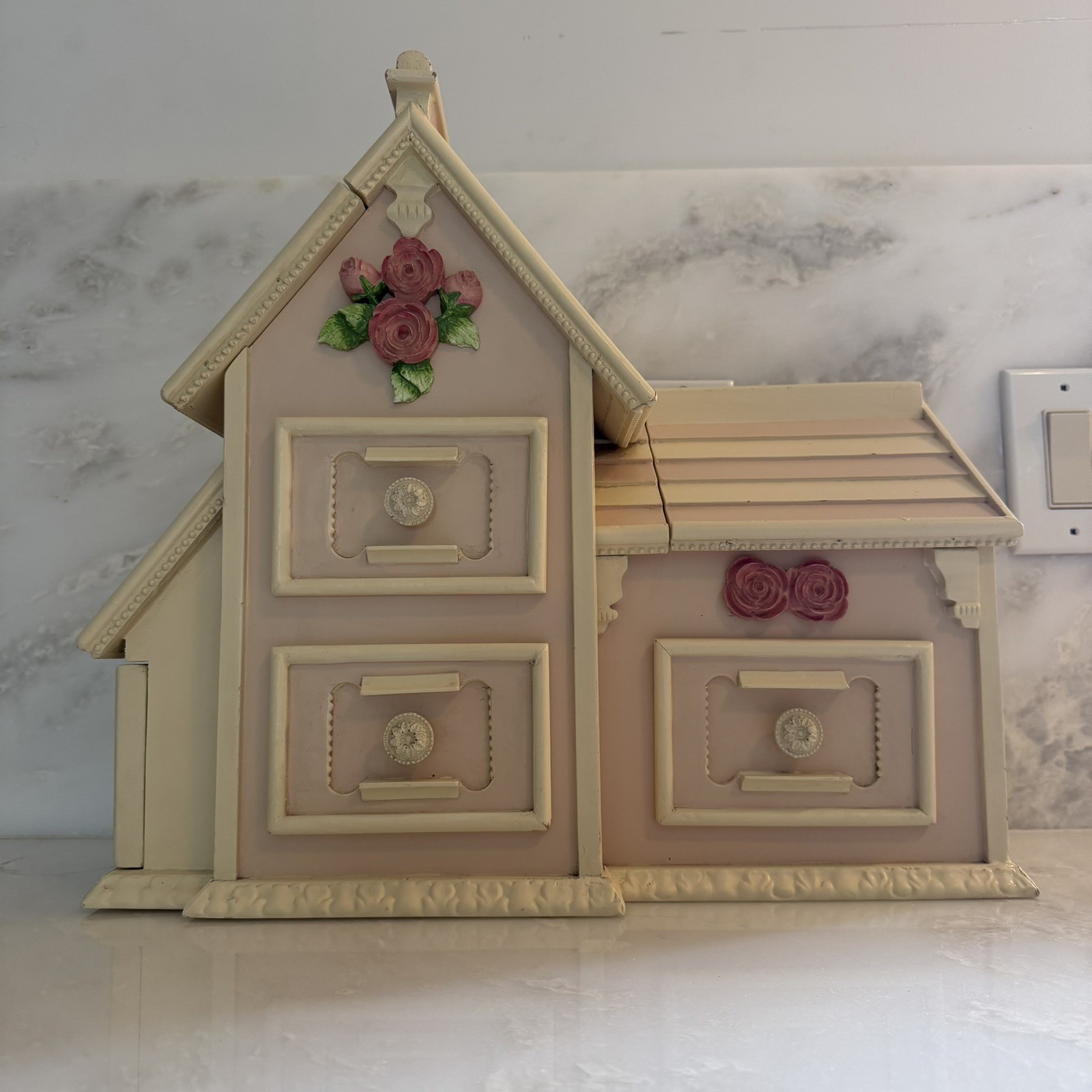 Floral House-Shaped Wooden Trinket Box with Drawers, Hinged Lid, Pink Roses
