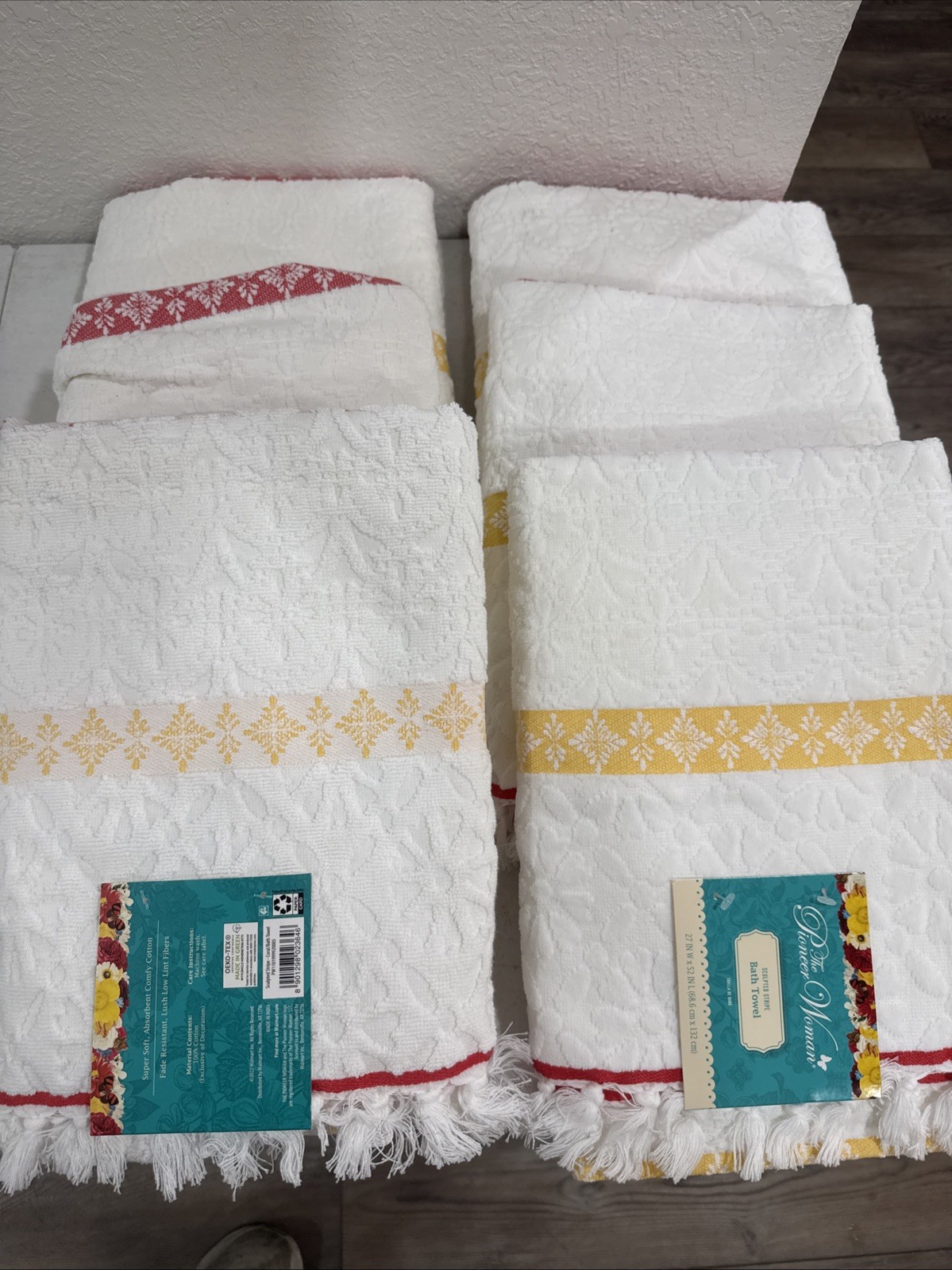The Pioneer Woman Sculpted White w/ Stripe Cotton Bath Towel 50”x20”  6 pc NEW