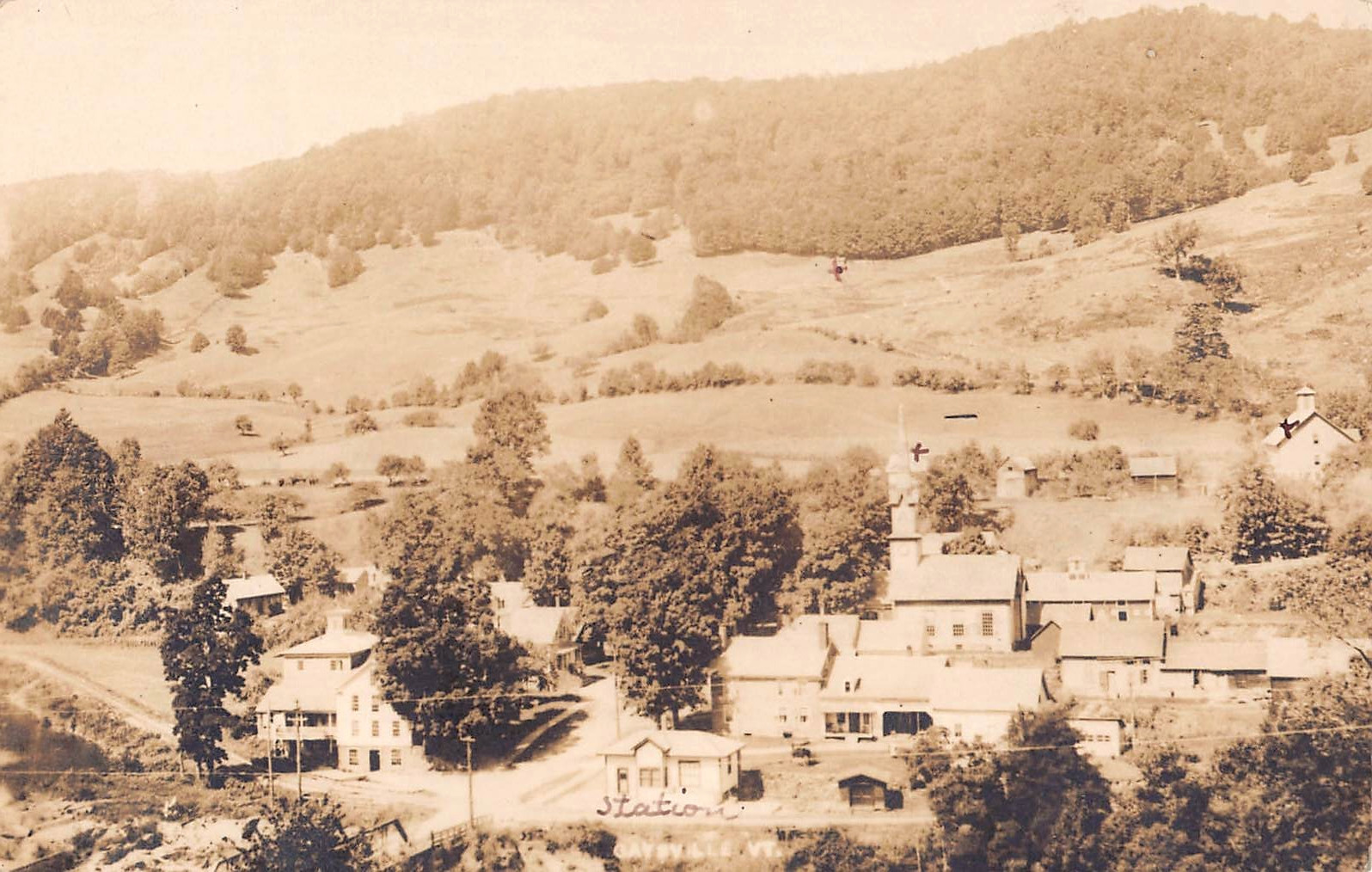 c.1910 RPPC Aerial View Village & RR Station Gaysville VT