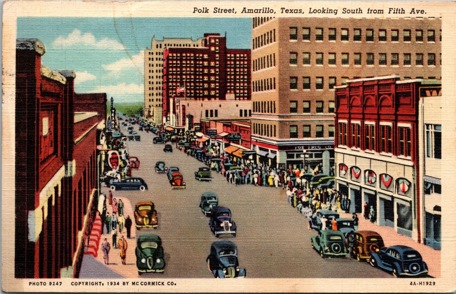 Postcard~Amarillo, Texas~Polk St.~Looking South From 5th Ave.~Vintage Cars~c1938