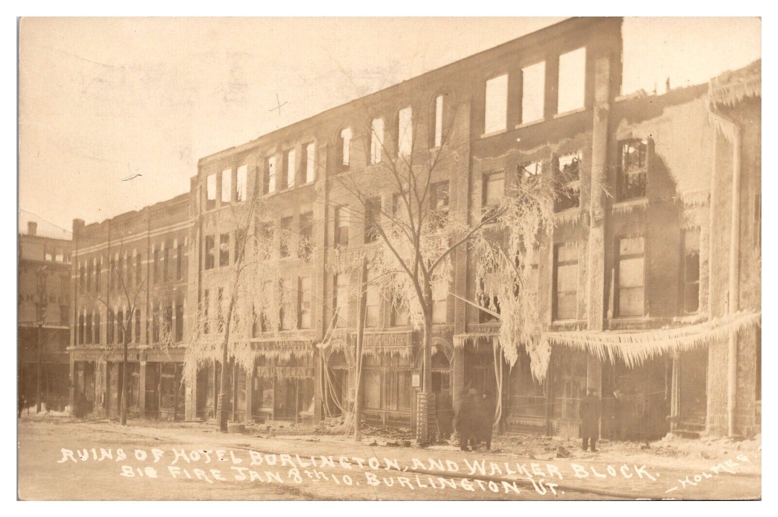 RPPC 1910 Fire Ruins of Hotel Burlington and Walker Block, Burlington, VT