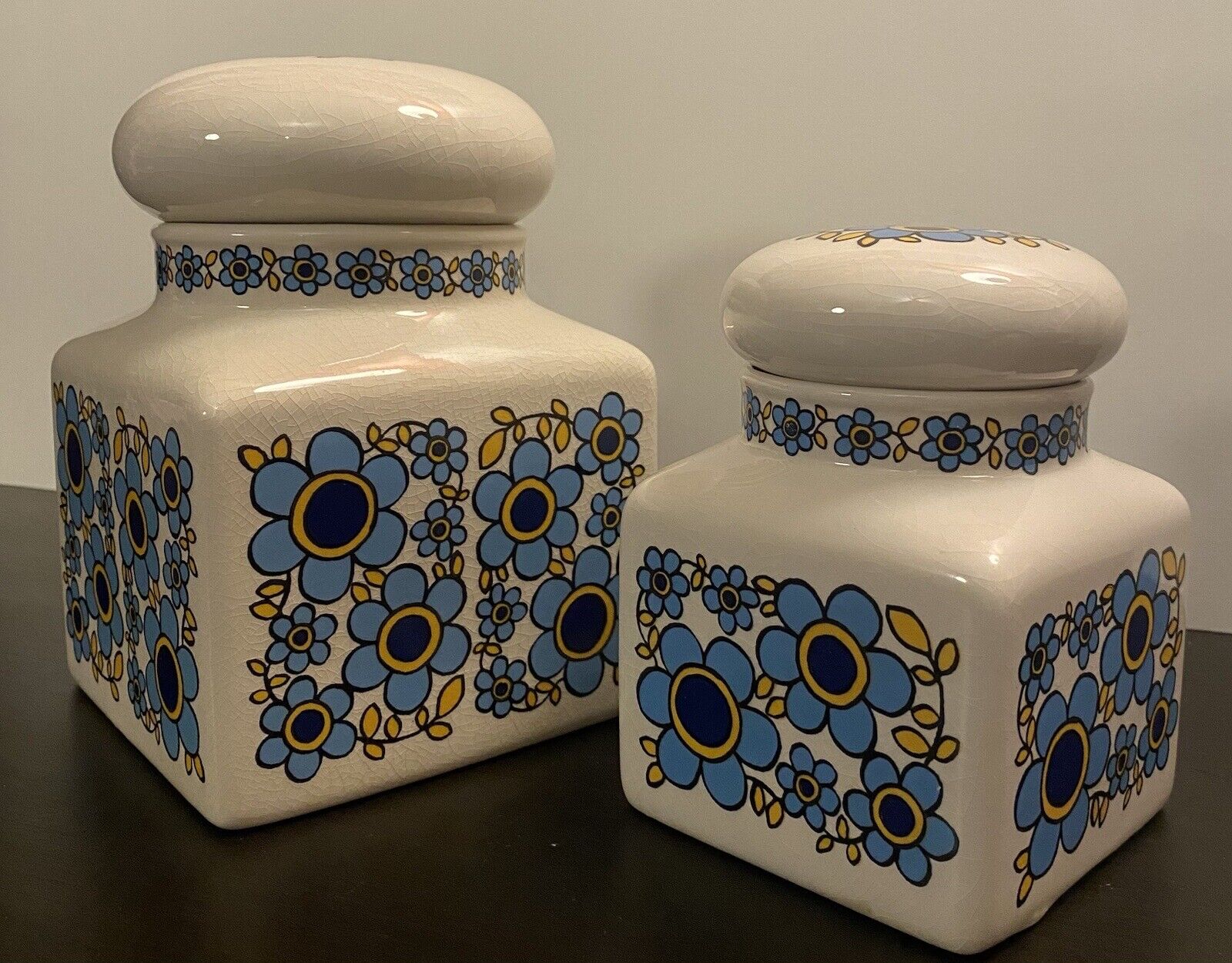 2 Vintage Taunton Vale Pottery Canisters Blue & Yellow Floral Retro 60s Sm & Lg