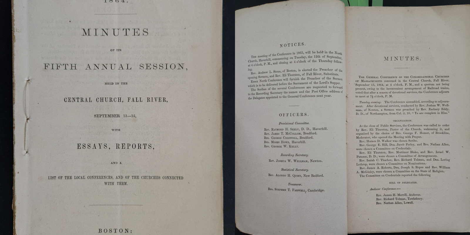1864 antique CENTRAL CHURCH fall river ma MINUTES ESSAYS REPORTS sabbatarian