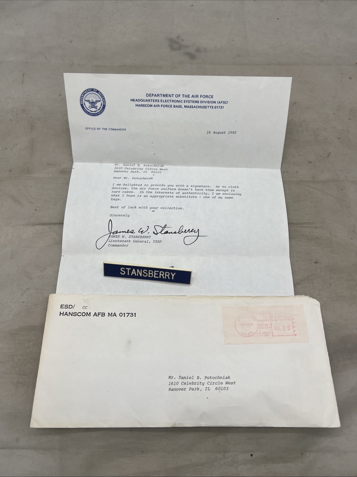 USAF Lieutenant General James Stansberry Autograph With Name Tag (KK624