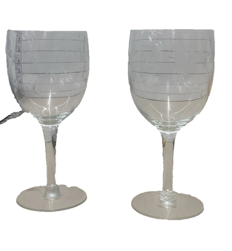 Pair of Crystal Wine Glasses Etched Lines Stemware