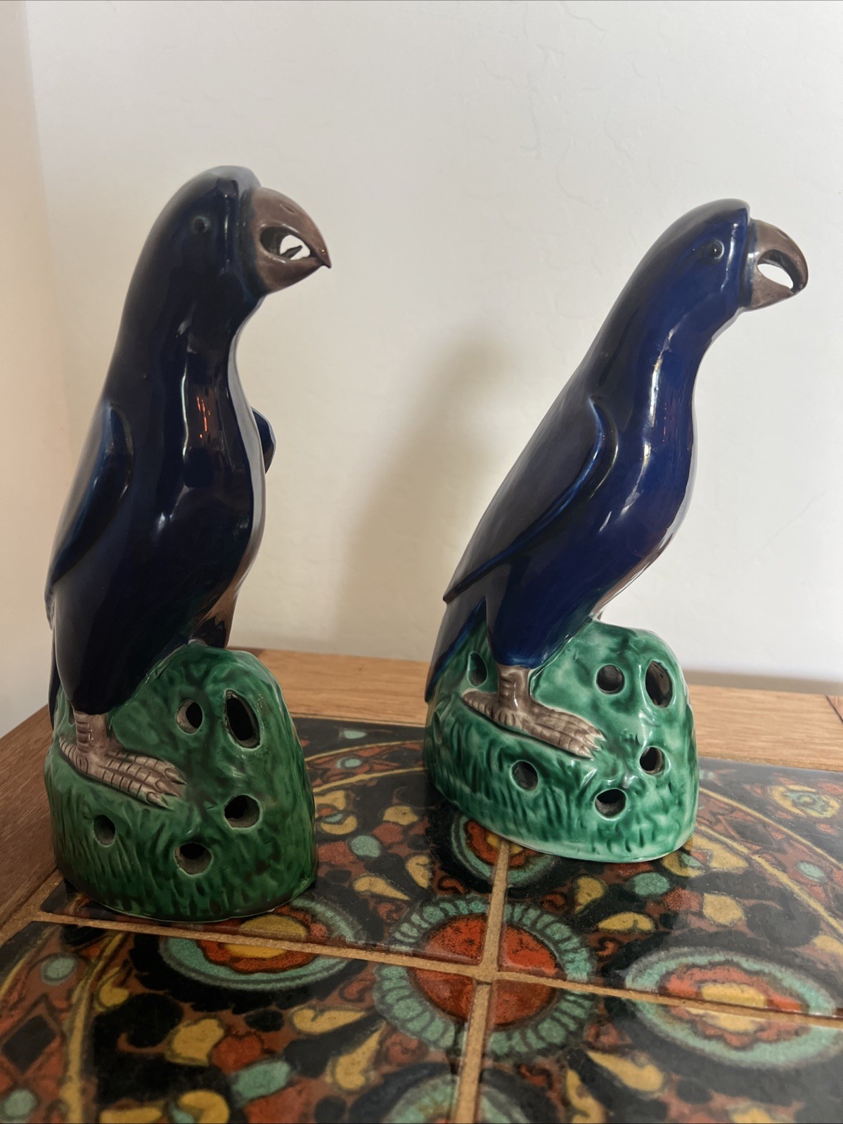 Pair of Authentic 19th Century Chinese Parrots with Cobalt Blue Glaze Figurines