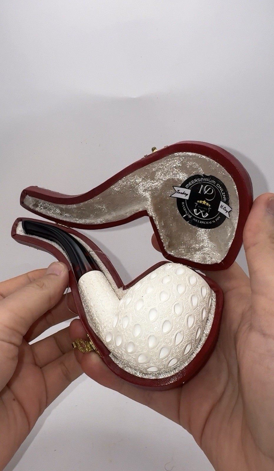 Handmade Block Meerschaum Pipe Lattice Carved Hilmi Cay Signed with Custom Case