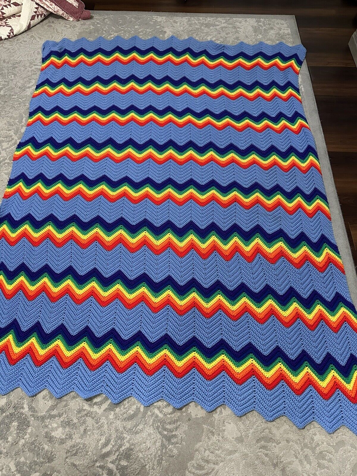 Vintage 70's Handmade RETRO HOBO Crochet Throw Afghan Blanket Rainbow