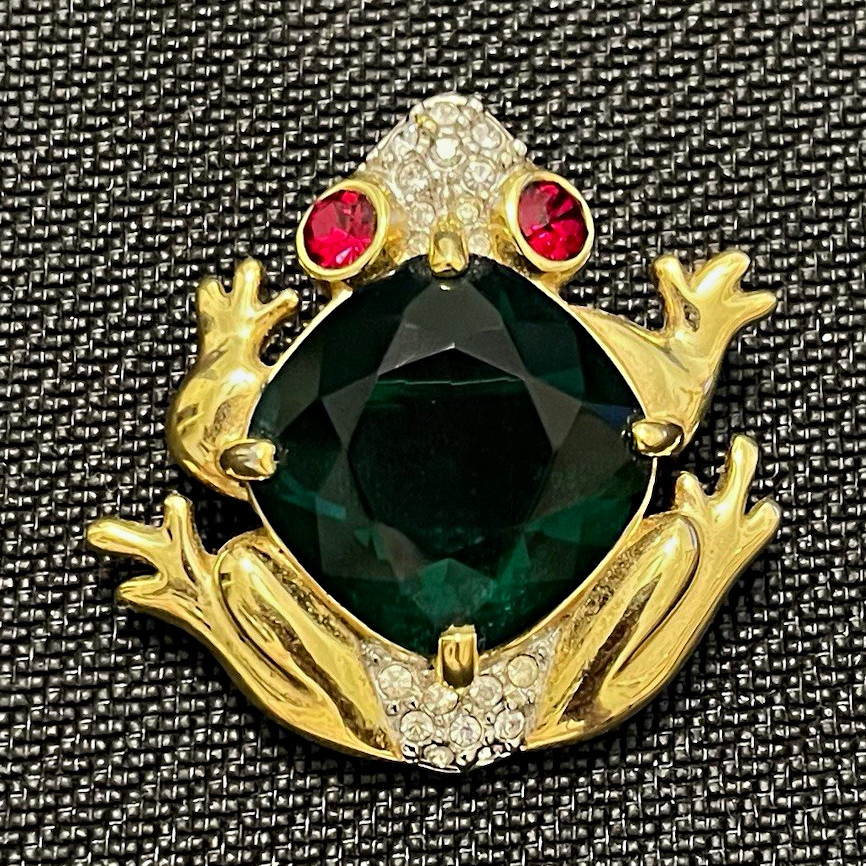 Vintage Swarovski Signed Crystal Pave Emerald Green Glass Jelly Belly Frog Pin