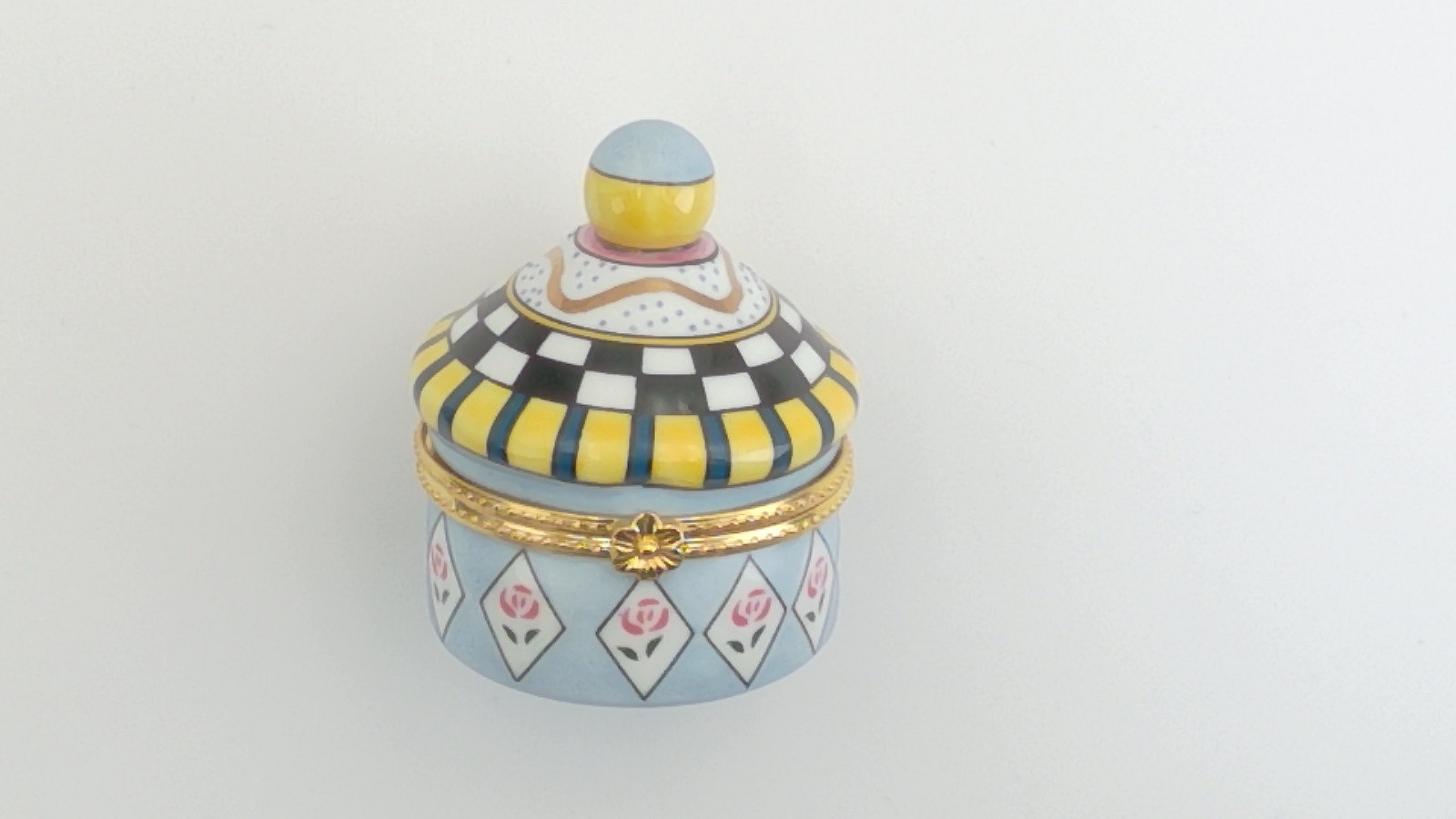 Vintage Porcelain Hinged Trinket Box Yellow Blue Black Finial Top Gold Tone TB2