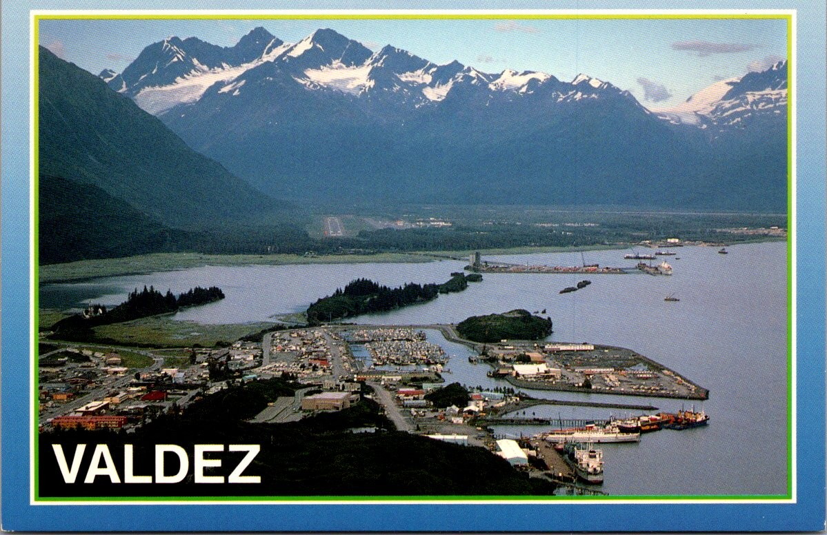 Continental Valdez Alaska Harbor City Snow-capped Mountains Aerial View Postcard Continental Valdez Alaska Harbor City Snow-capped Mountains Aerial View Postcard