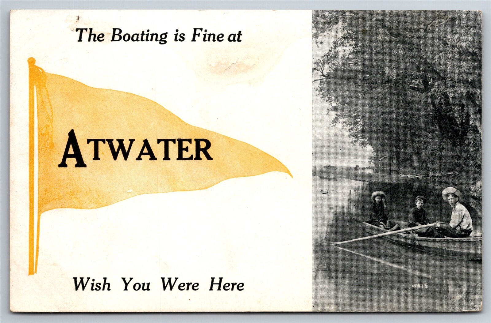 Greetings Banner Three Teens In A Boat Atwater WI C1910s Postcard W7 Greetings Banner Three Teens In A Boat Atwater WI C1910s Postcard W7