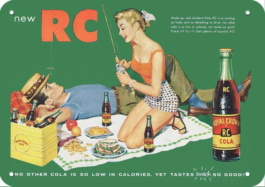 1955 ROYAL CROWN RC COLA Woman & Man Picnic & Fish DECORATIVE REPLICA METAL SIGN 1955 ROYAL CROWN RC COLA Woman & Man Picnic & Fish DECORATIVE REPLICA METAL SIGN