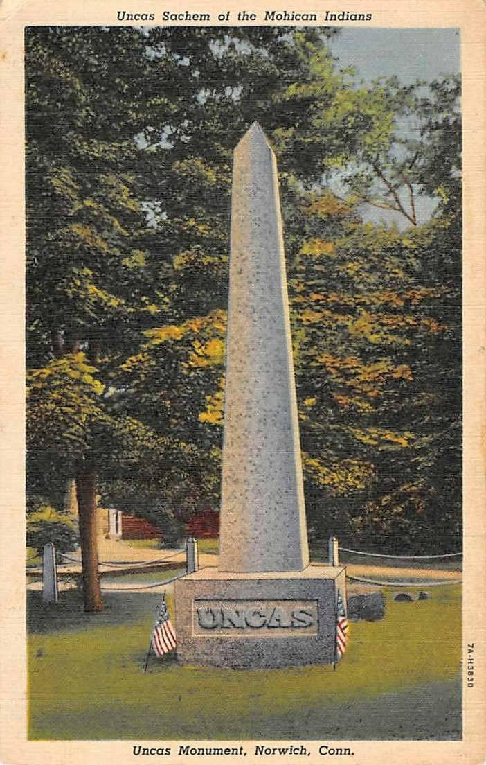 NORWICH, CT ~ UNCAS MONUMENT, SACHEM OF THE MOHICAN INDIANS,  ~ used 1938